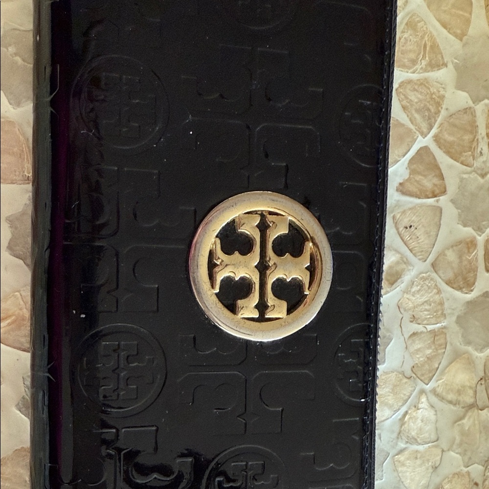 Tory Burch Black Embossed Wallet with Gold Emblem